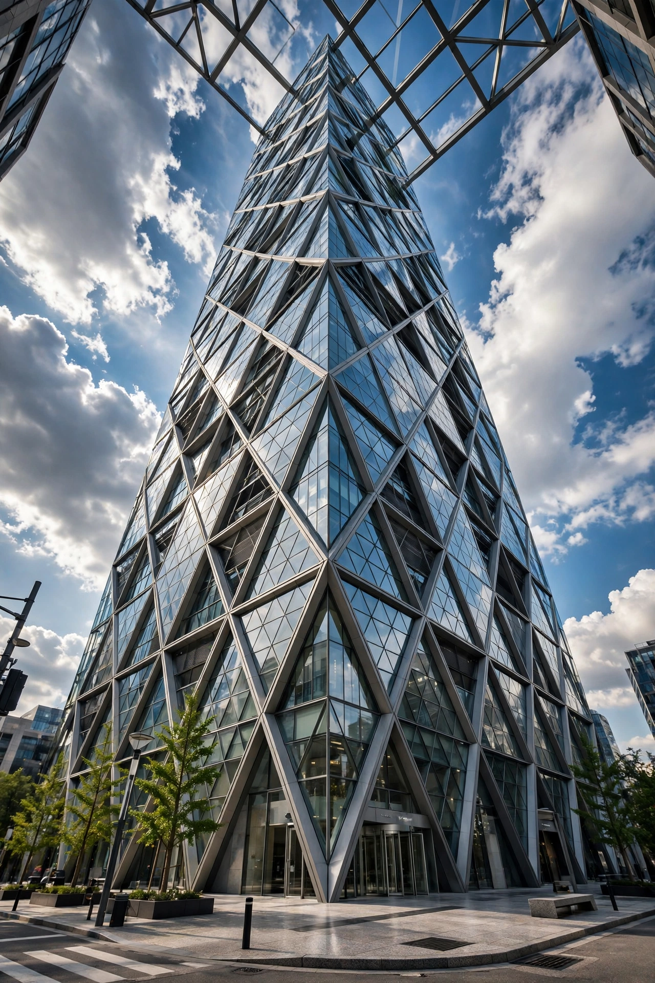 Modern glass skyscraper viewed from street level against a blue sky