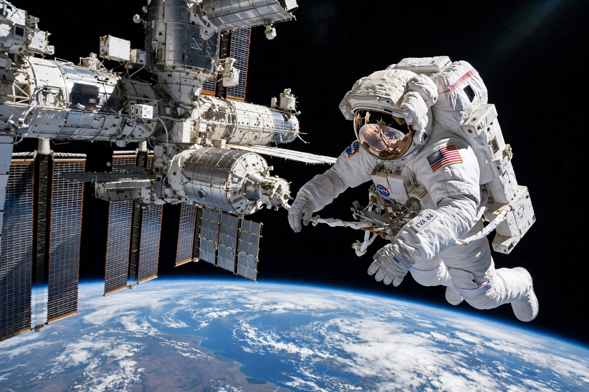 Astronaut on a spacewalk outside the space station with Earth below
