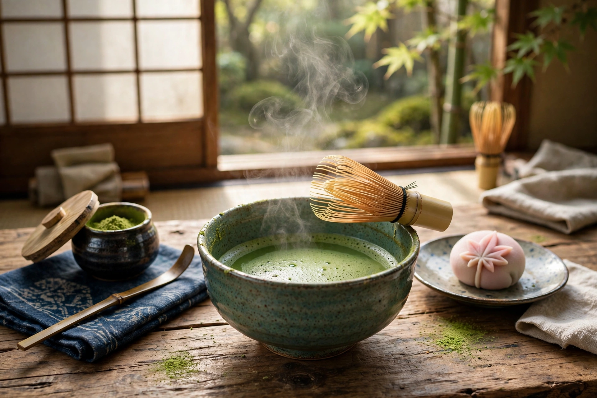 Matcha tea ceremony with bamboo whisk and ceramic bowl