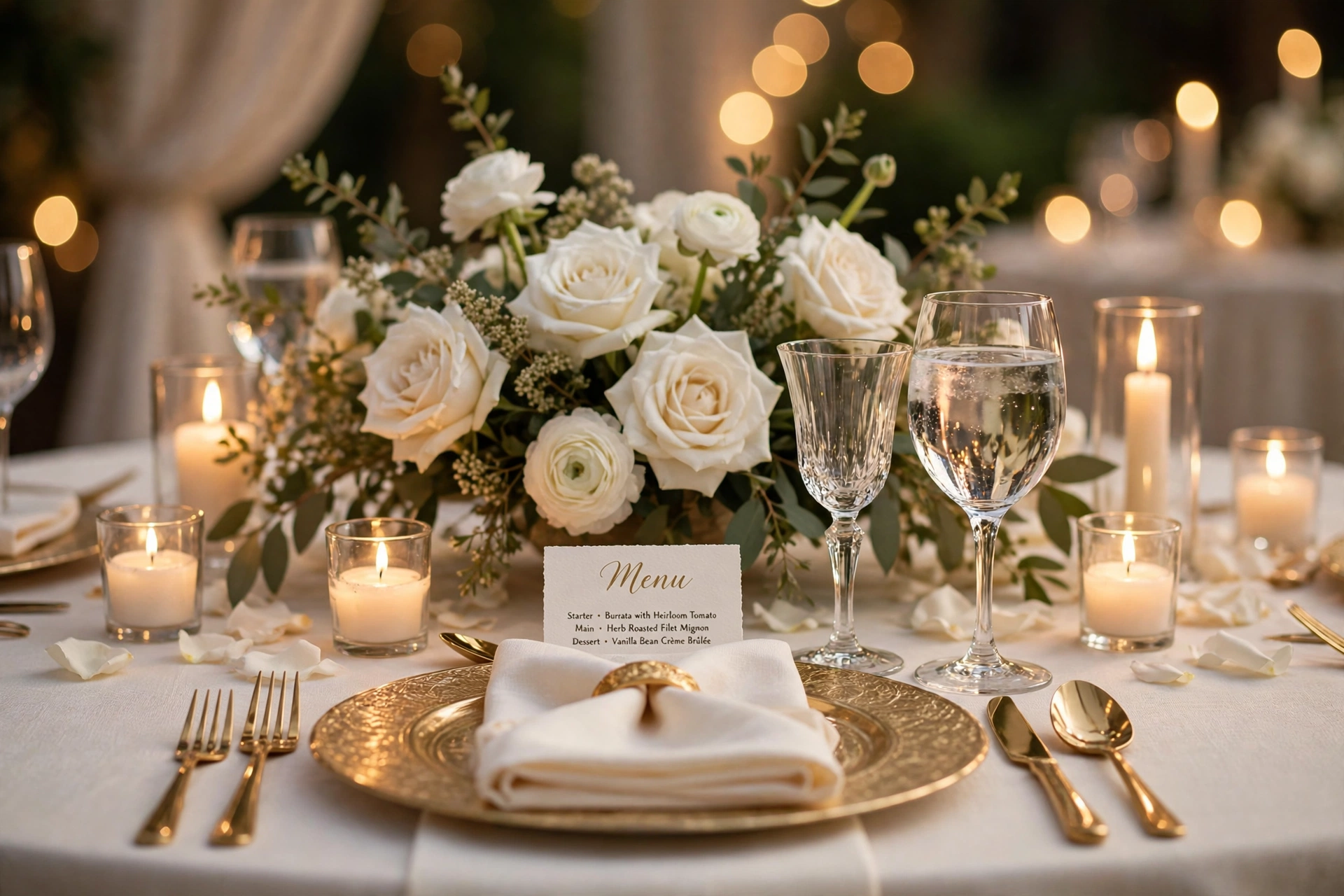 Elegant wedding table setting with white roses and candles