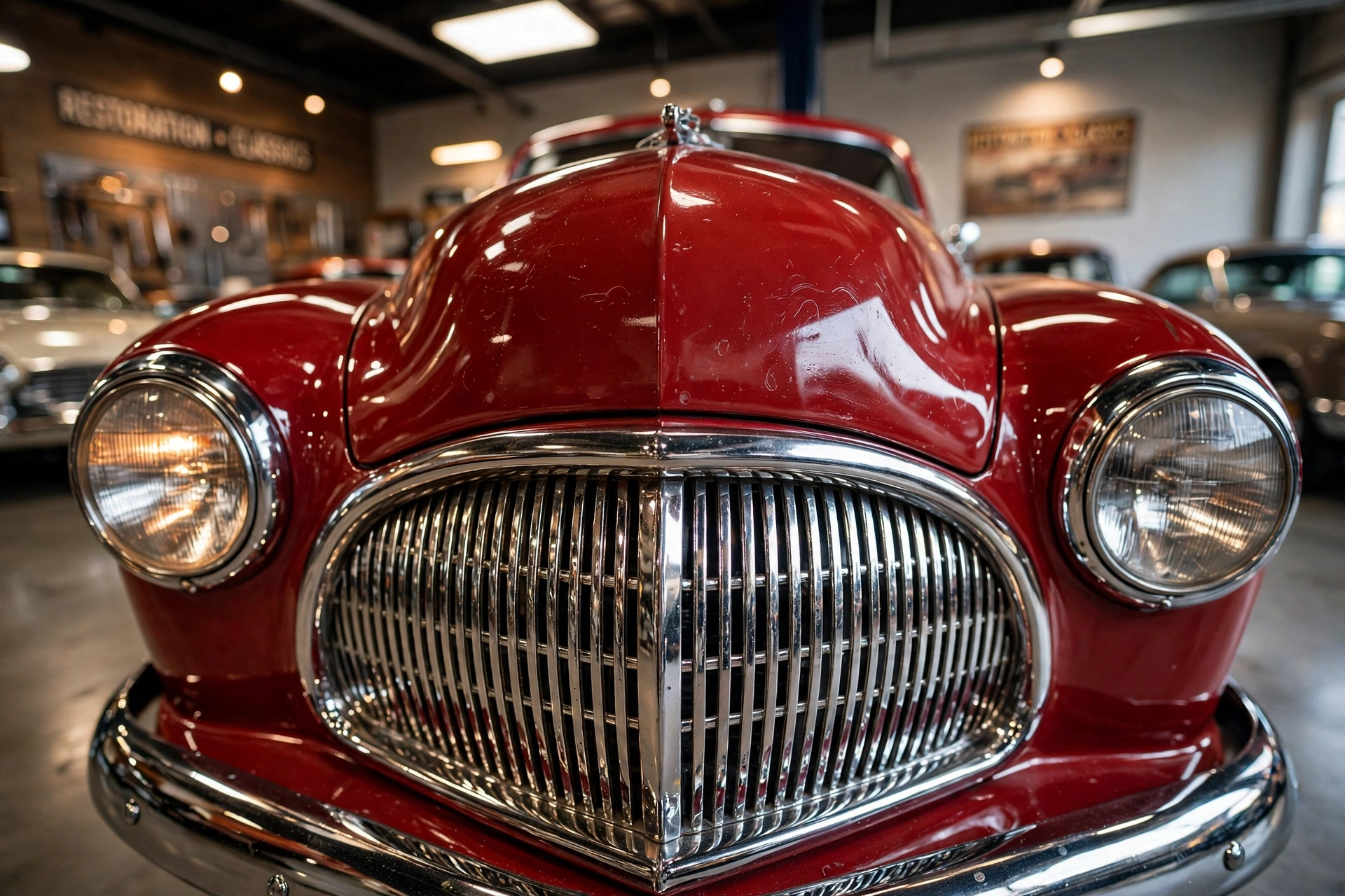 Vintage classic car front with chrome grille and headlights