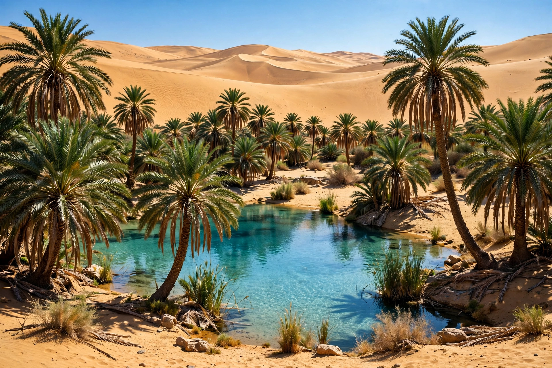 Desert oasis with palm trees and a turquoise pool
