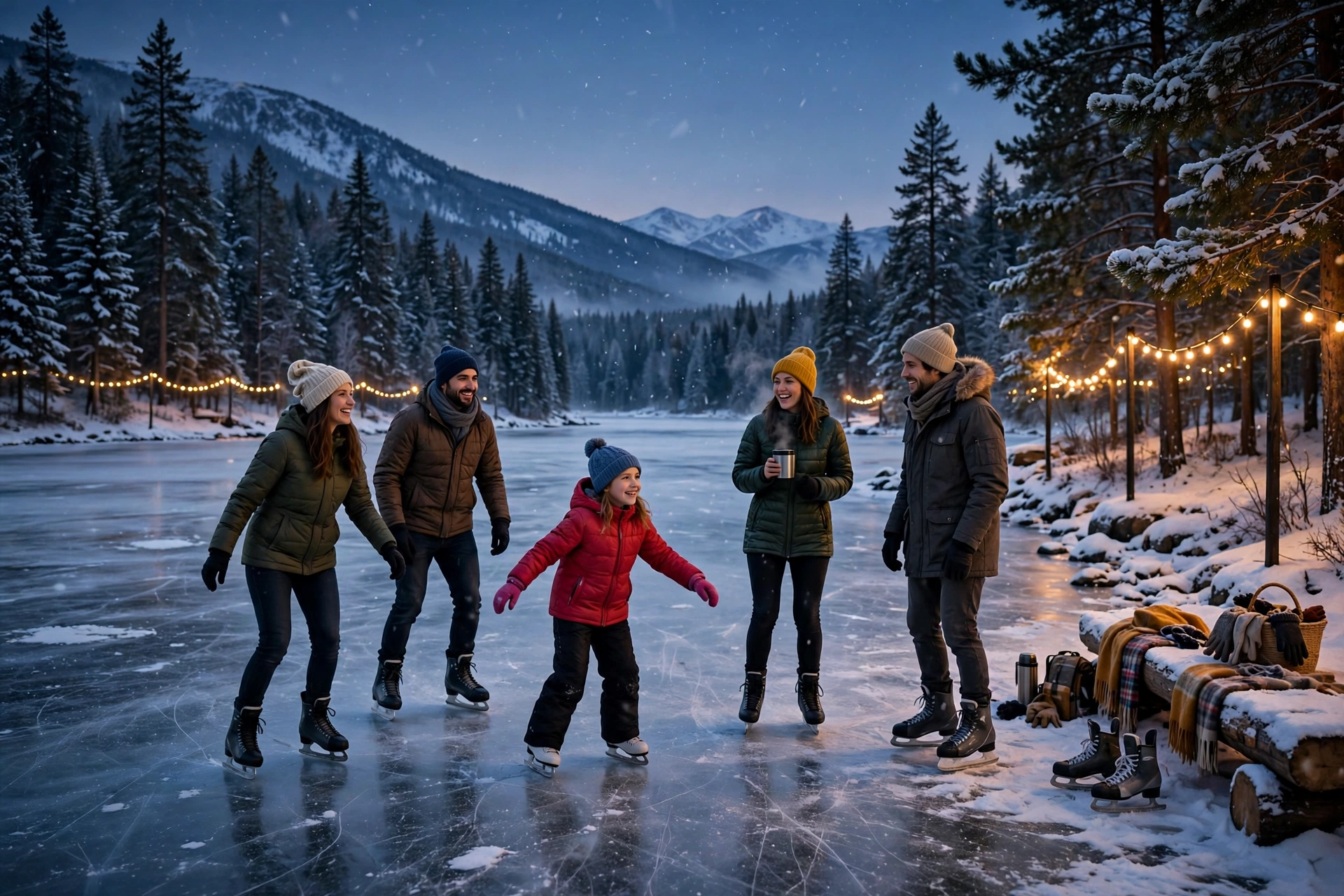 People ice skating on a frozen lake at dusk in winter