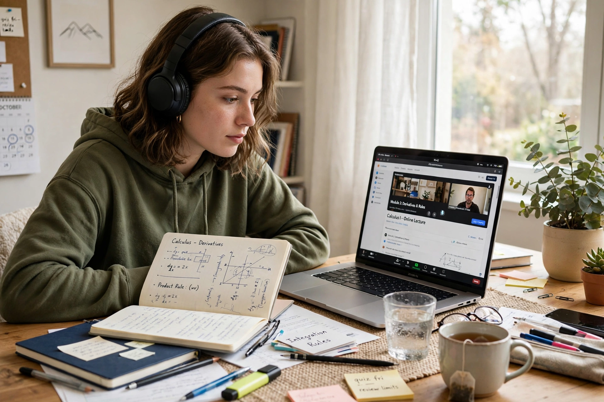 Student with headphones studying online on a laptop