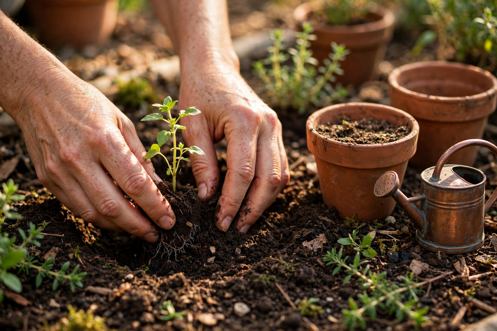 Hands planting fresh herbs in garden soil