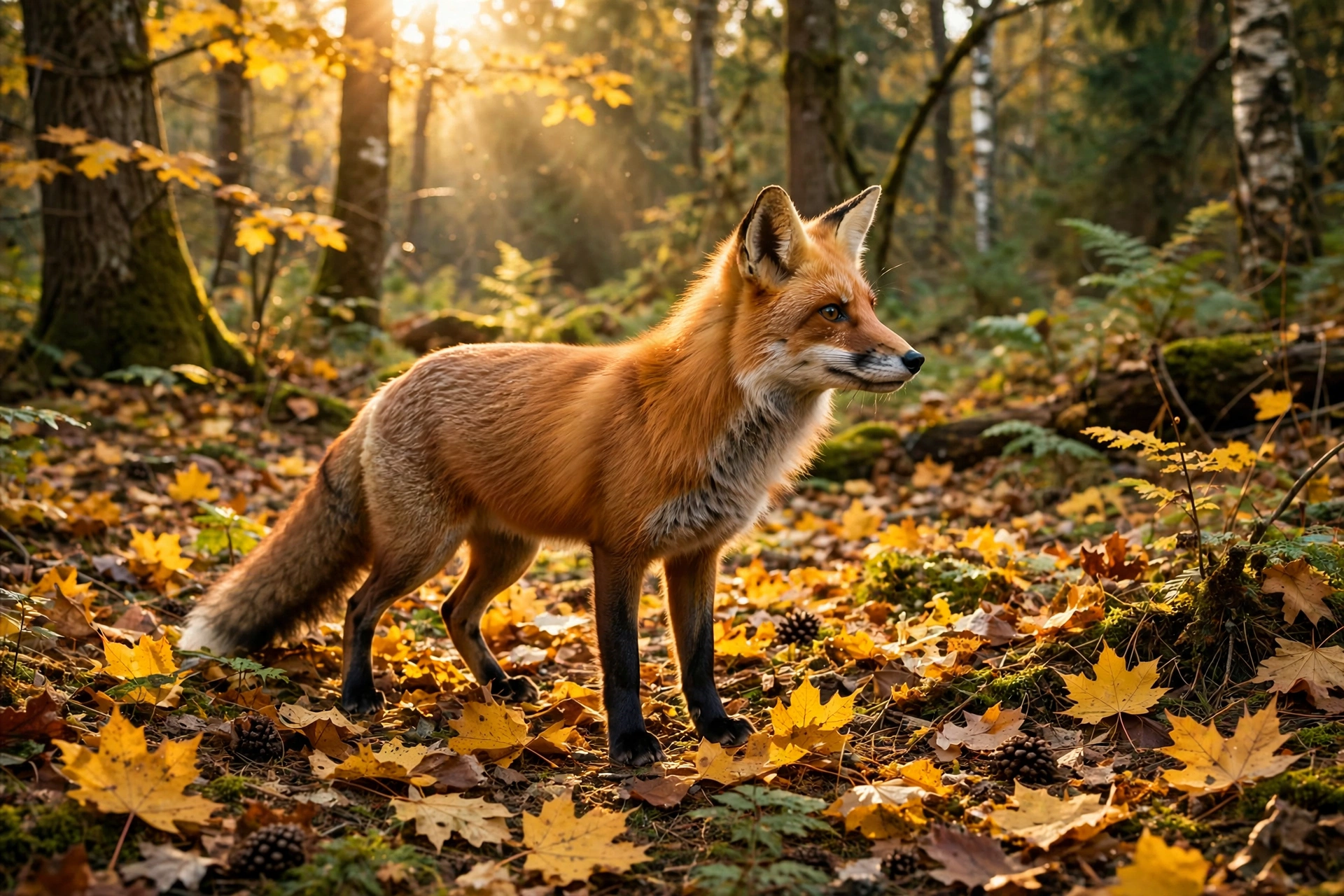 Red fox standing in an autumn forest with golden leaves