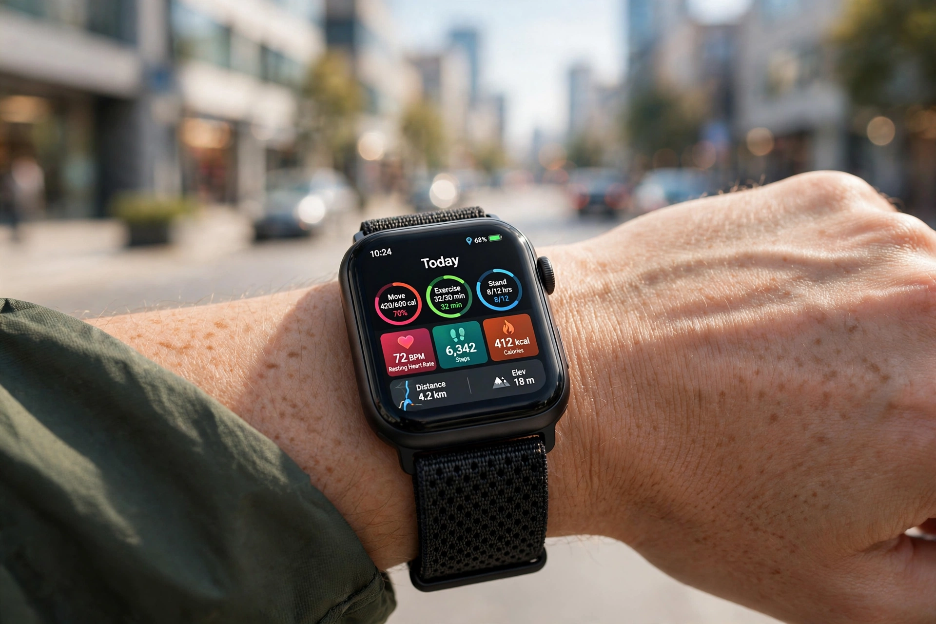 Smartwatch on a wrist showing a fitness dashboard