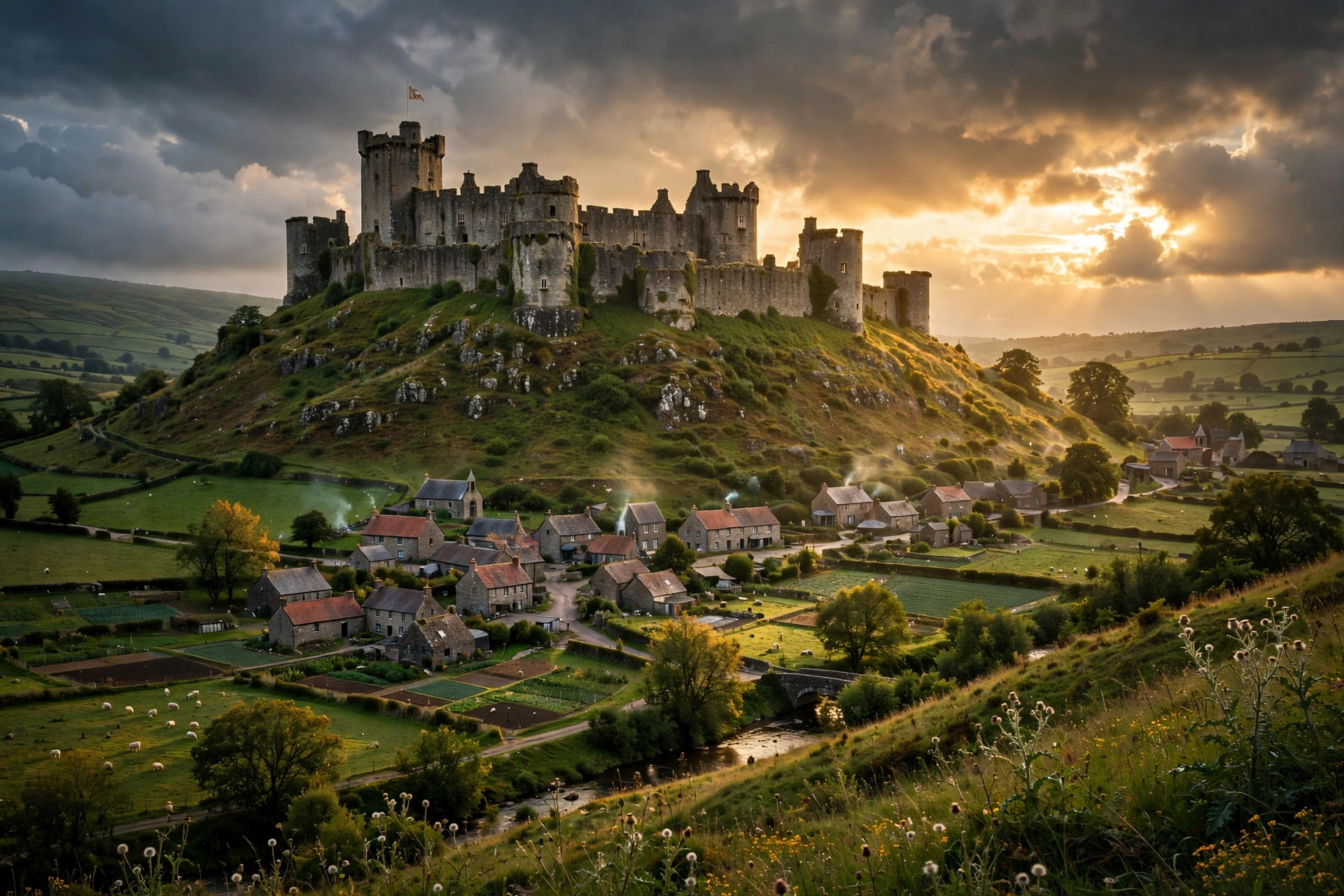 Ancient stone castle on a green hill above a village