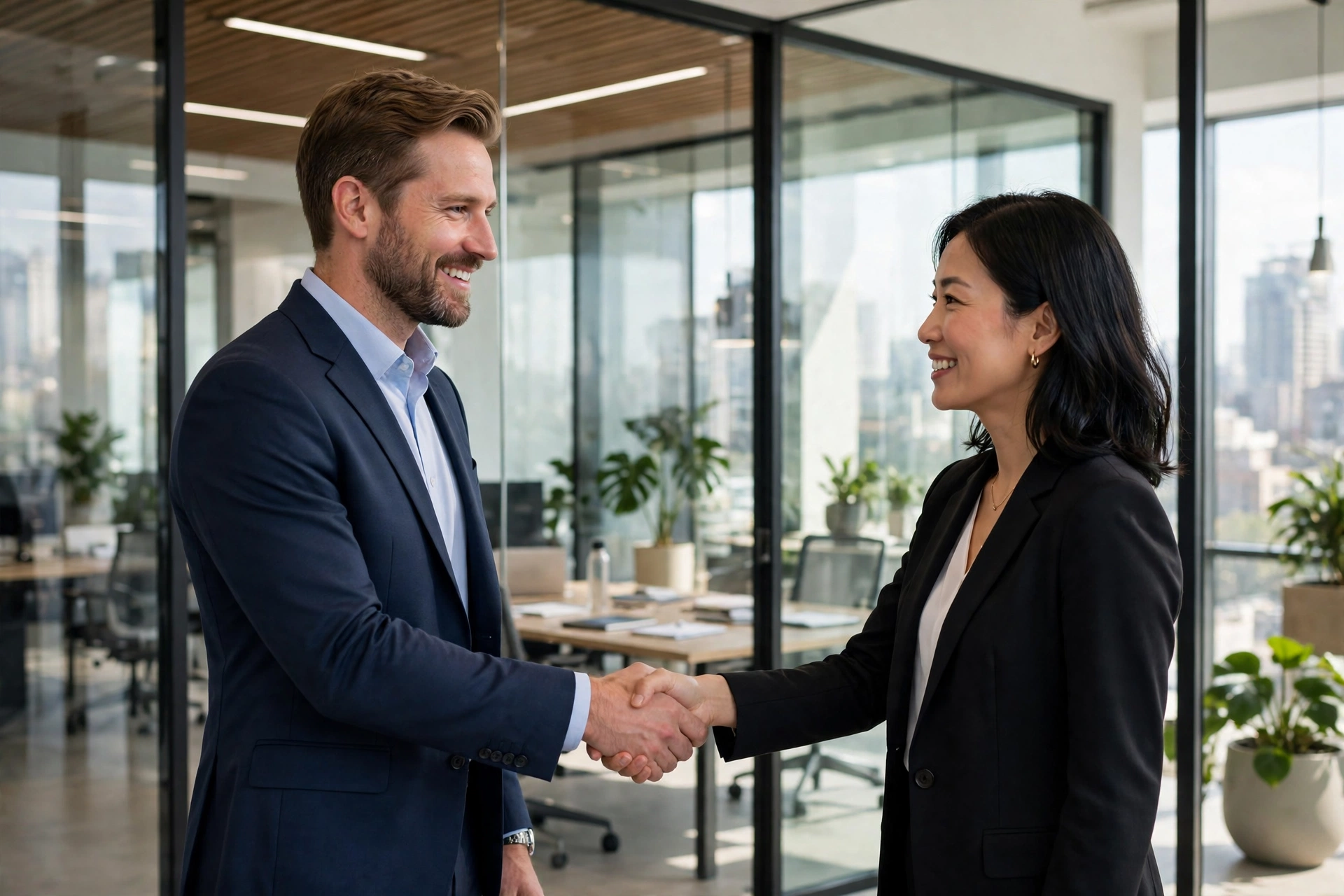 Two business people shaking hands in a modern office