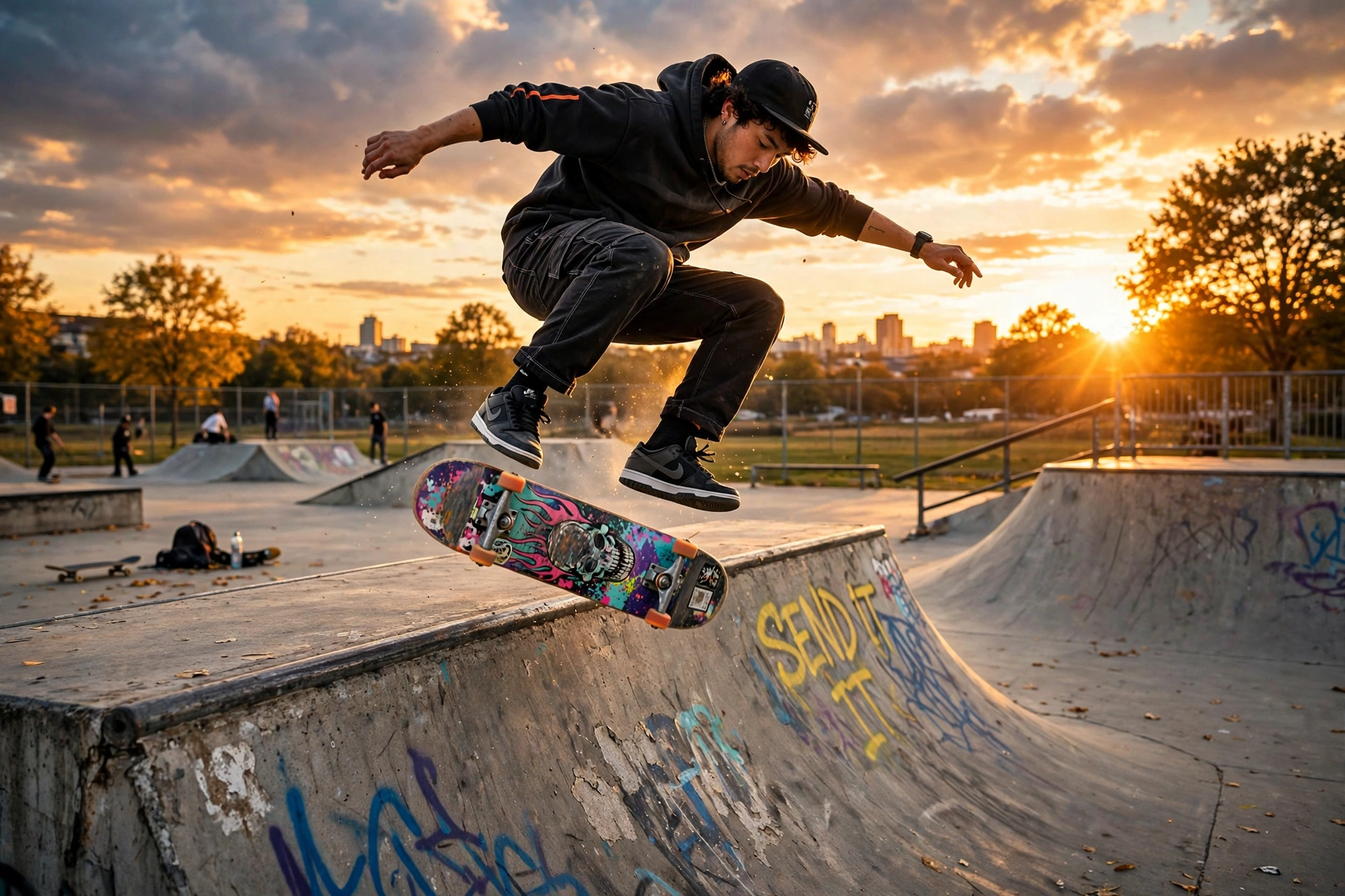 Skateboarder mid-air above a ramp at sunset