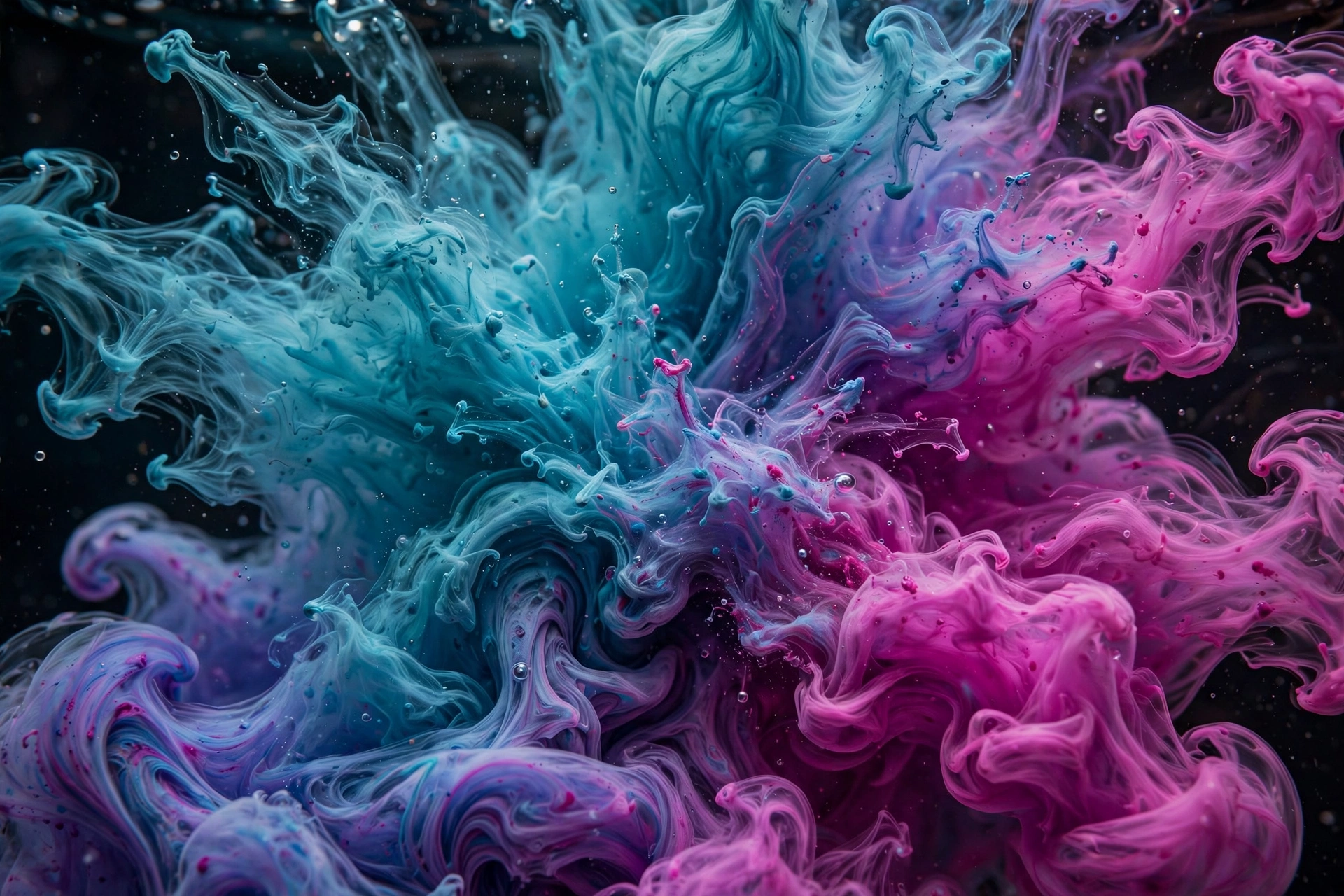 Colorful ink swirling in water in teal and magenta