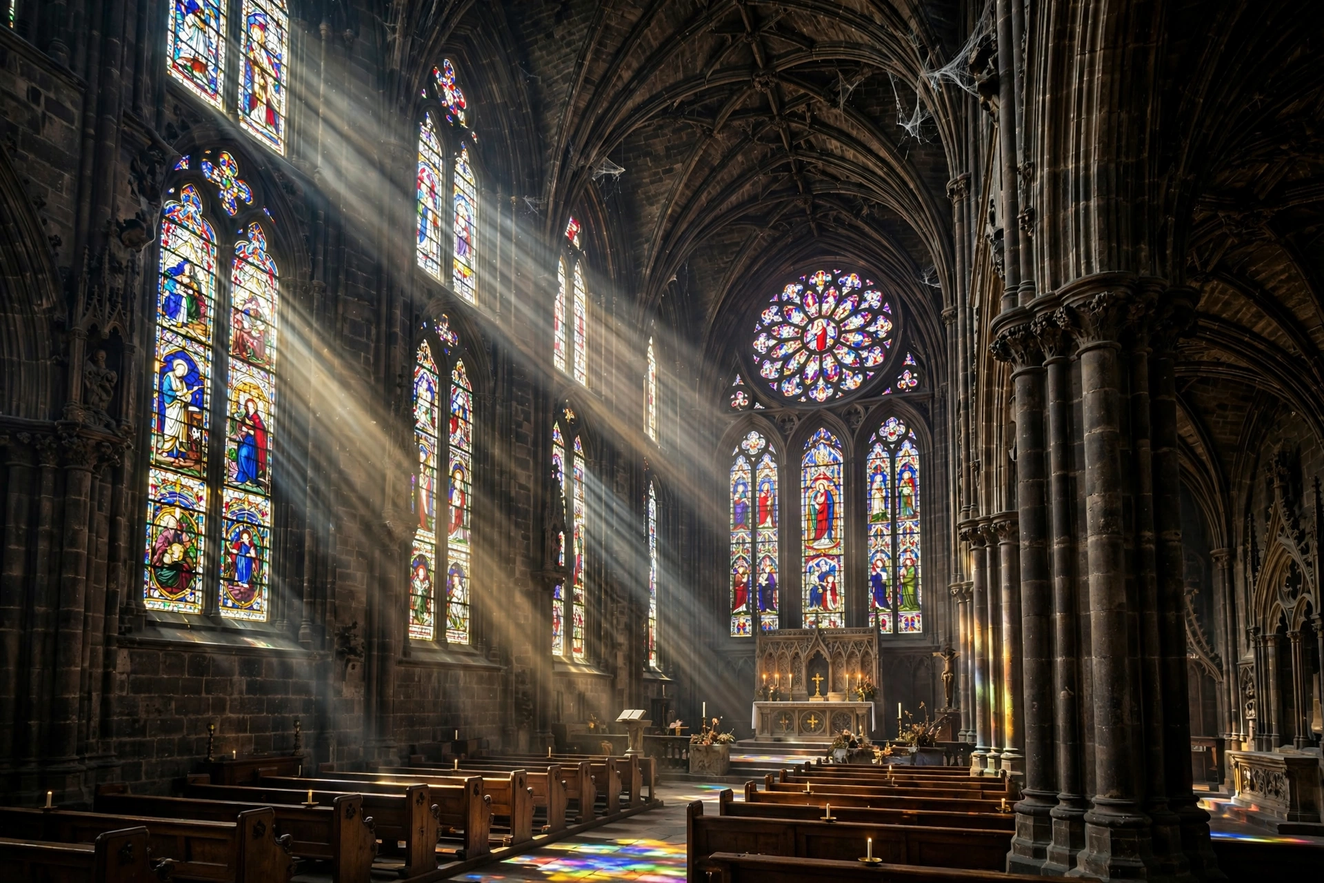 Gothic cathedral interior with stained glass and light rays