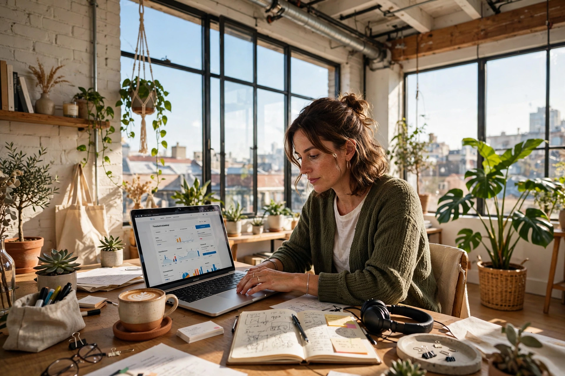 Freelancer working on a laptop in a bright sunny loft office