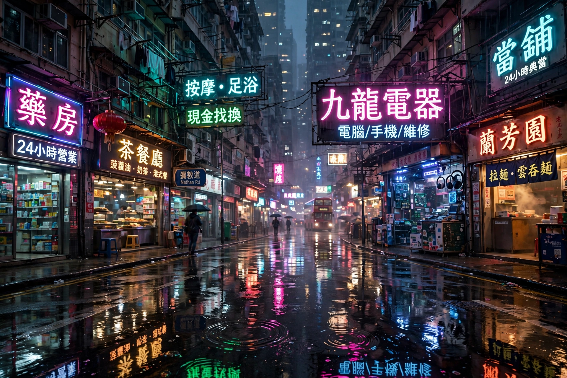 Hong Kong street at night with neon signs on wet pavement