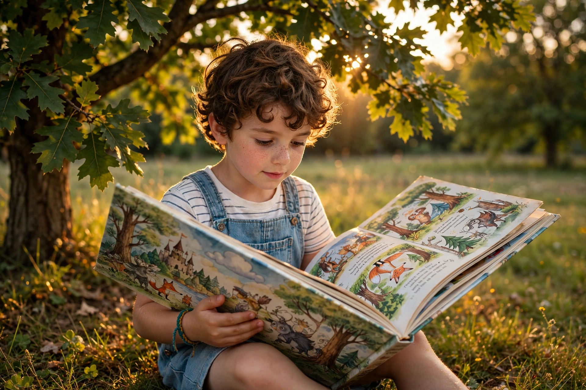 Child reading a storybook under a tree in golden light