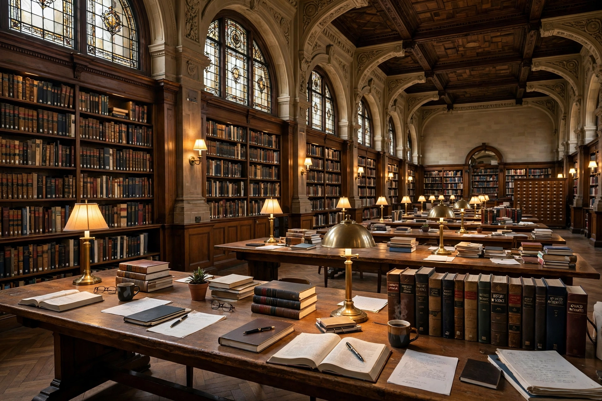 Grand university library study hall with wooden tables