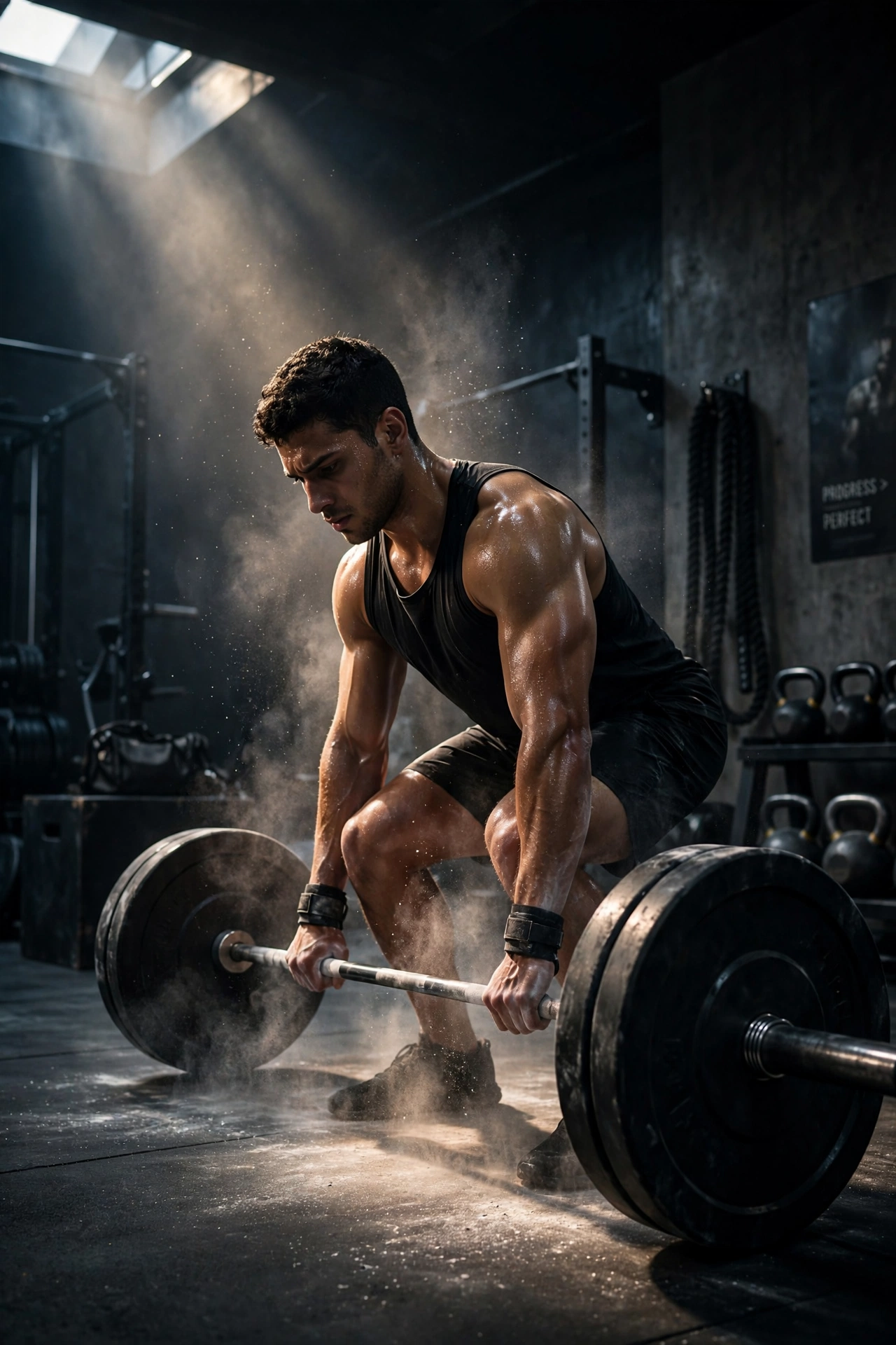 Barbell Lift in a Dark Gym