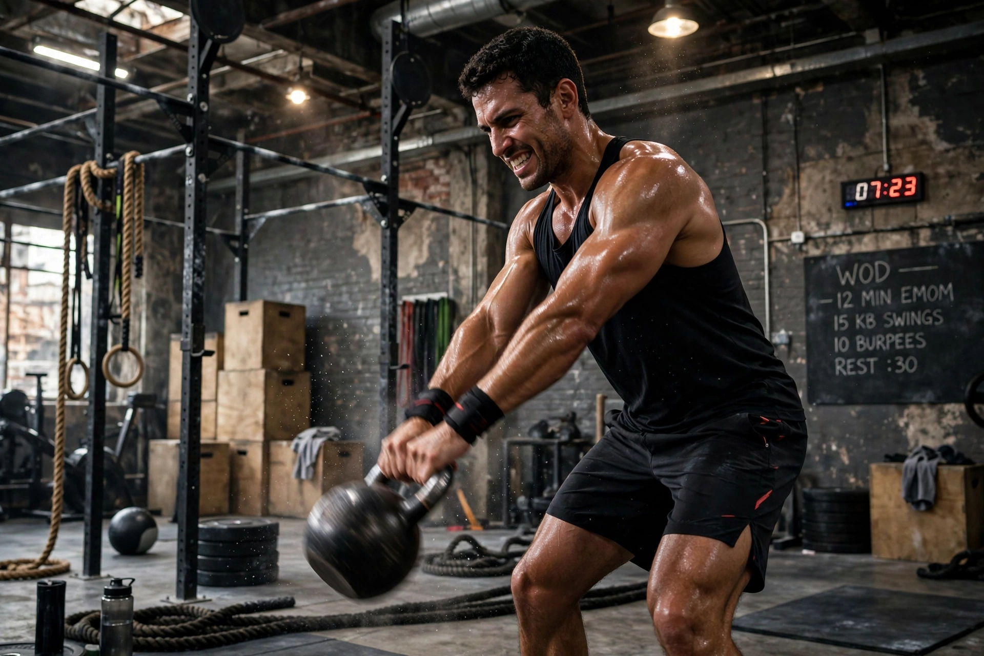 Athlete swinging a kettlebell in an industrial gym