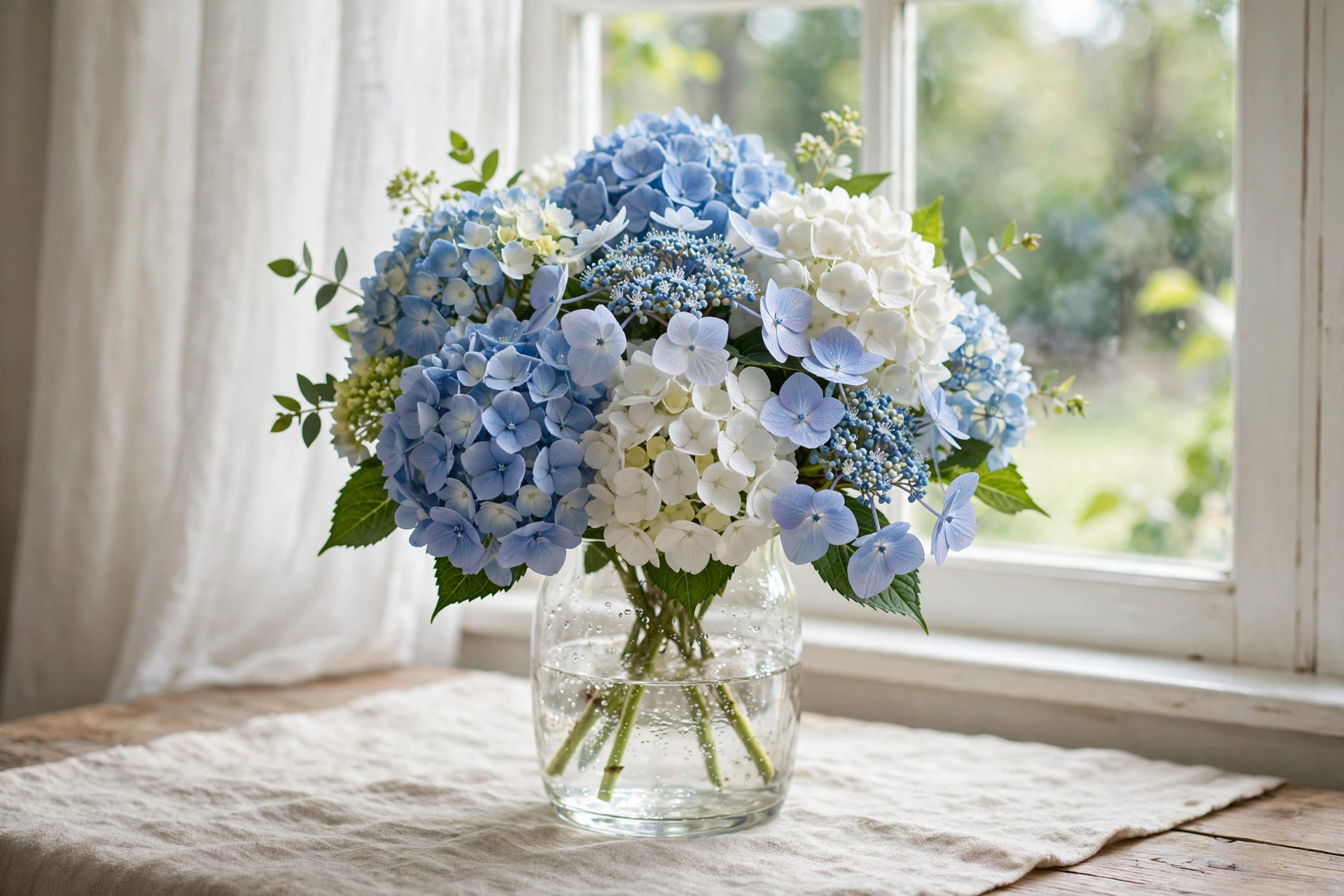 Hydrangea bouquet in a glass vase by a bright window