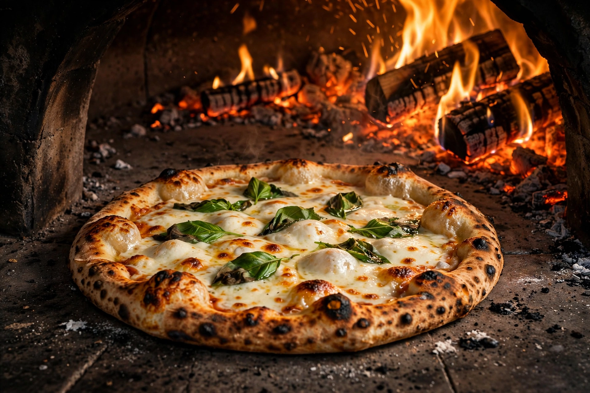 Artisan pizza in a wood-fired oven with flames