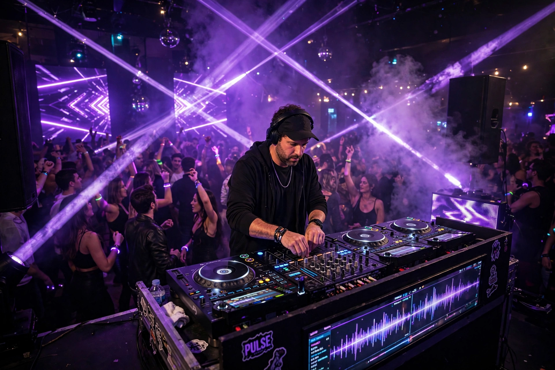 DJ performing at a nightclub with purple lasers