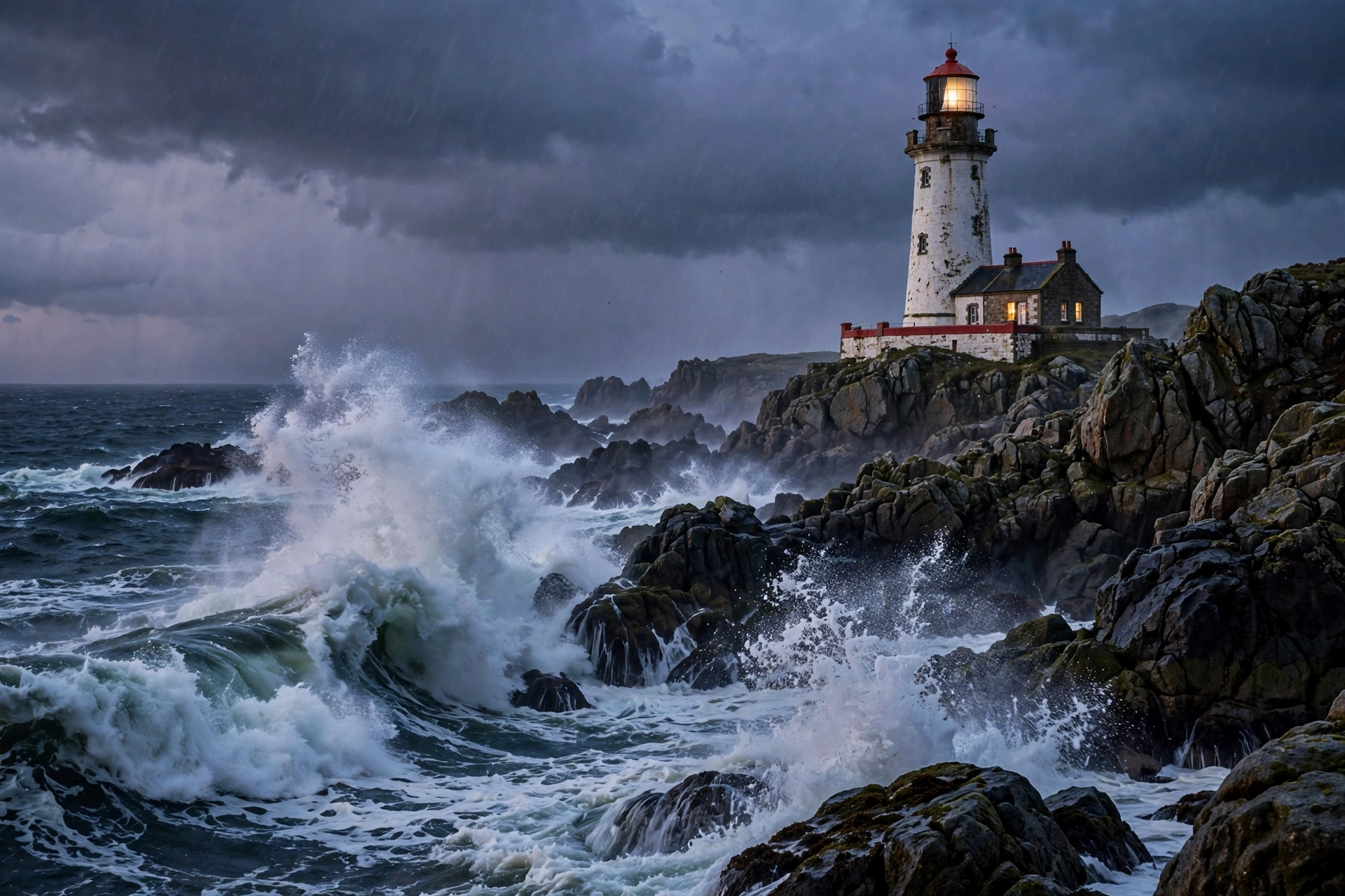 Lighthouse on a rocky coast during a storm at dusk