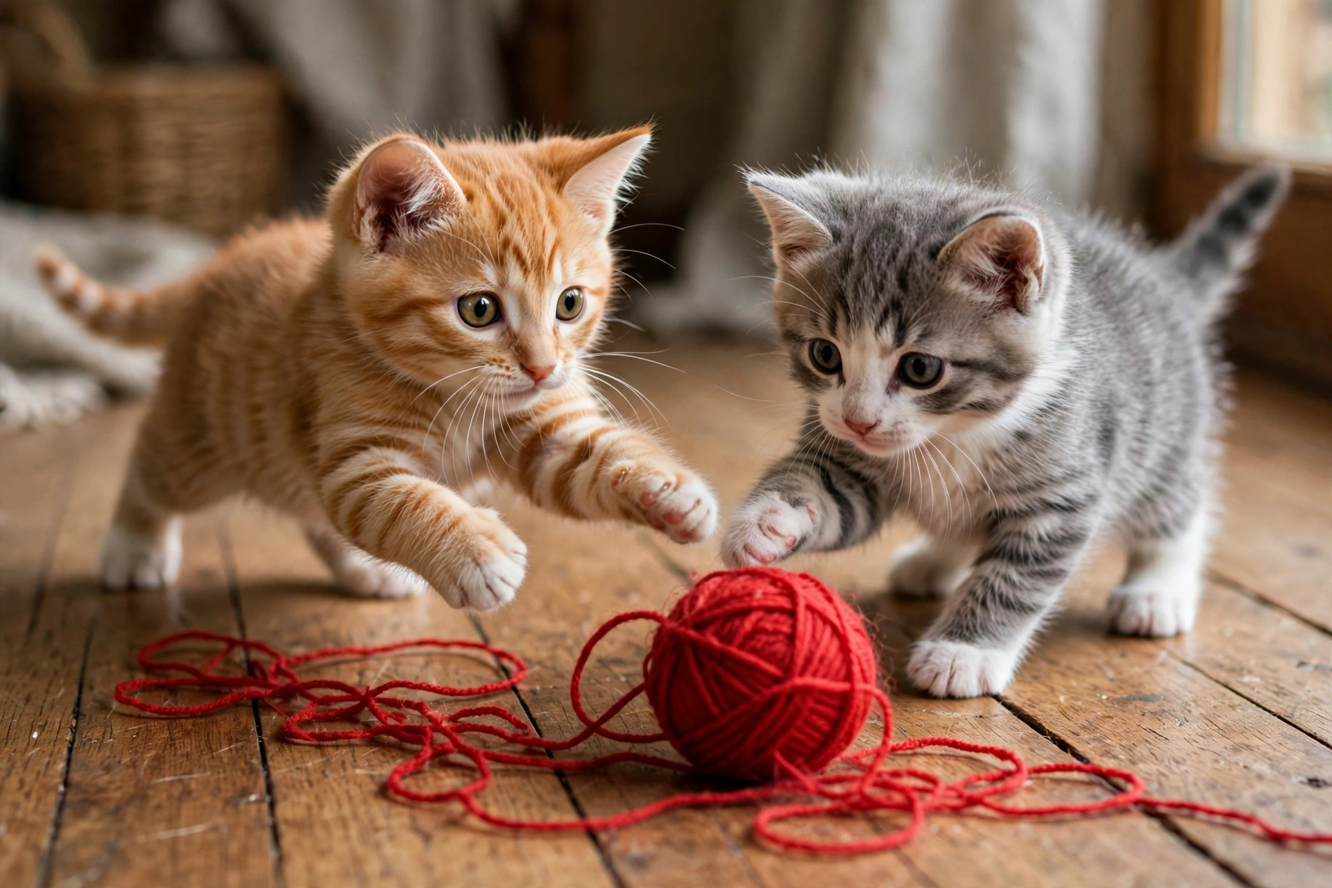 Two kittens playing with a ball of red yarn