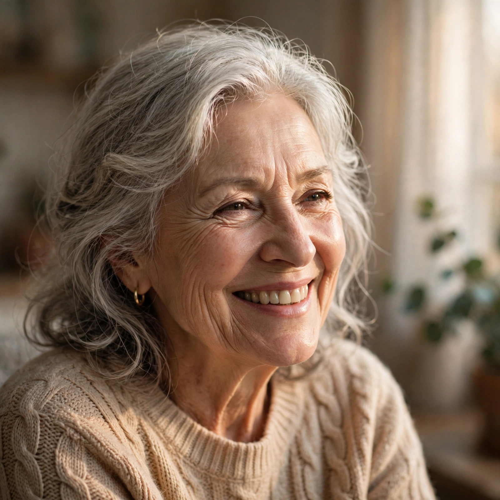 Smiling elderly woman with silver hair in soft window light