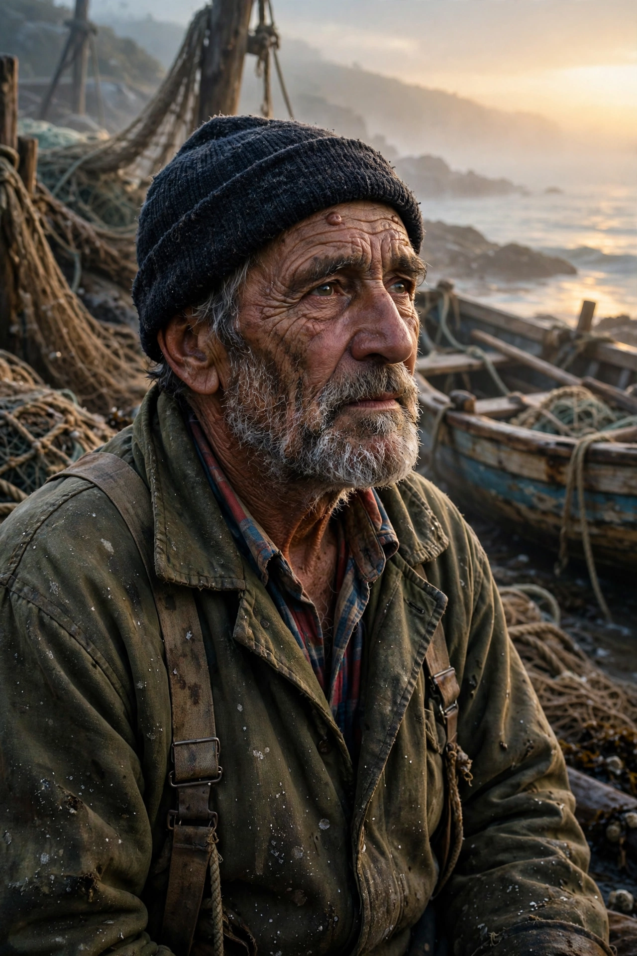 Elderly Fisherman by the Sea