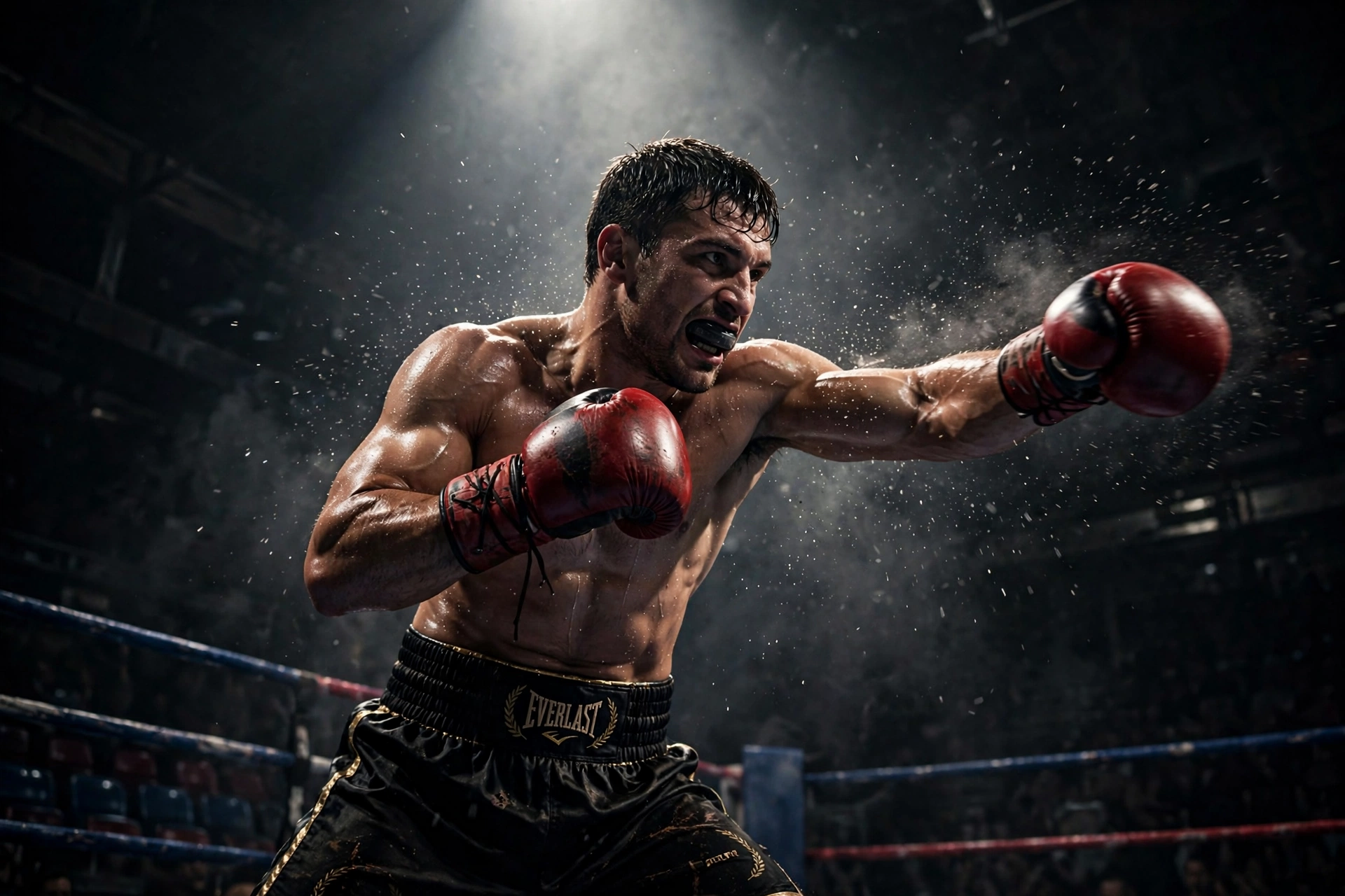 Boxer throwing a punch under a spotlight in a dark arena