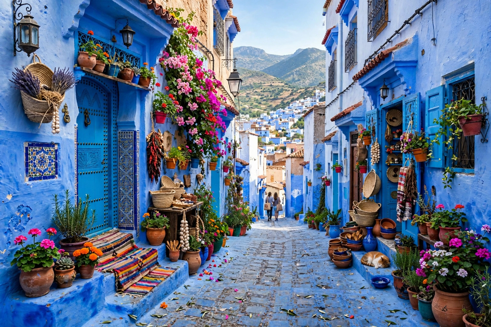 Blue painted streets of Chefchaouen Morocco with flower pots