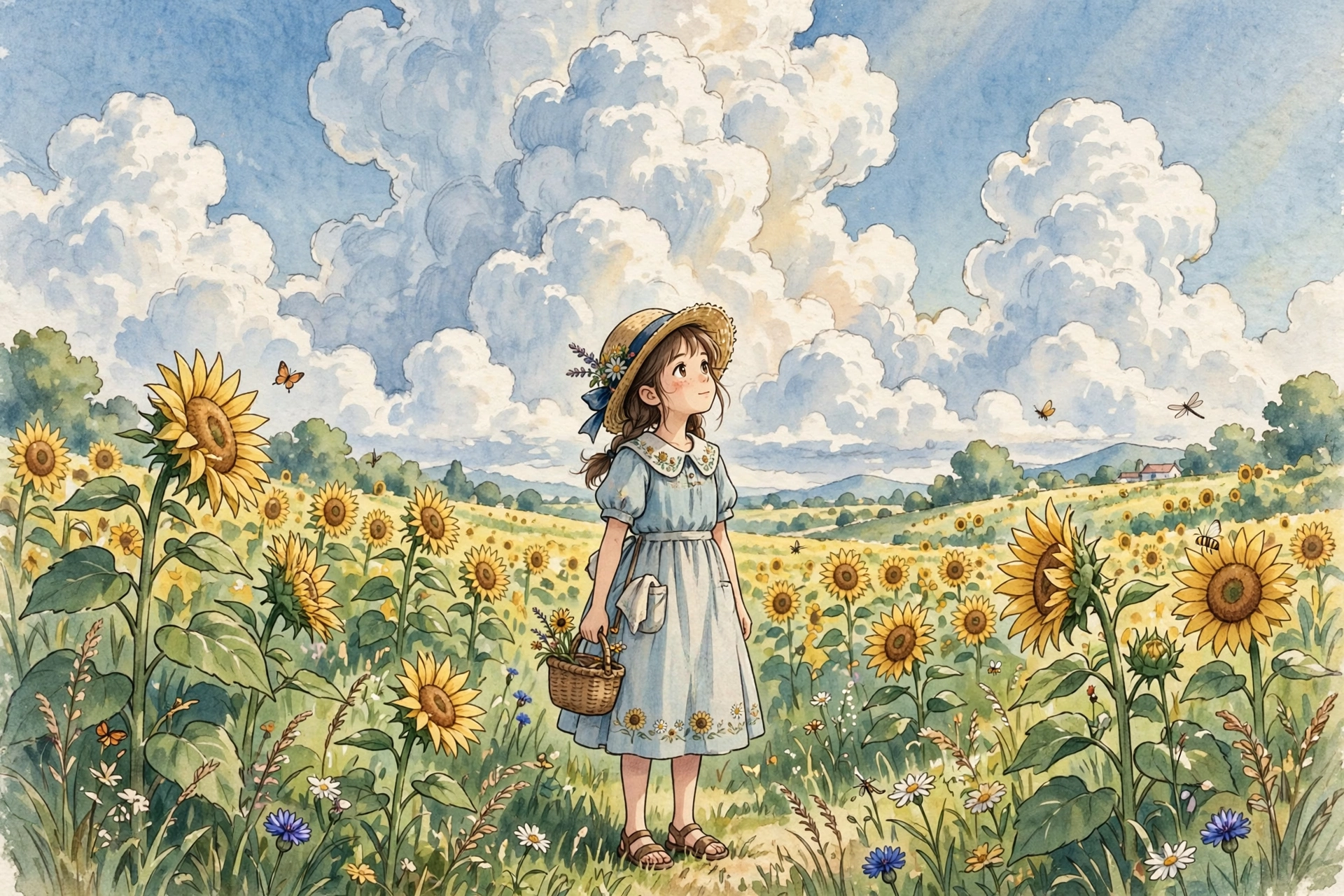 Anime style girl in a sunflower field under towering summer clouds
