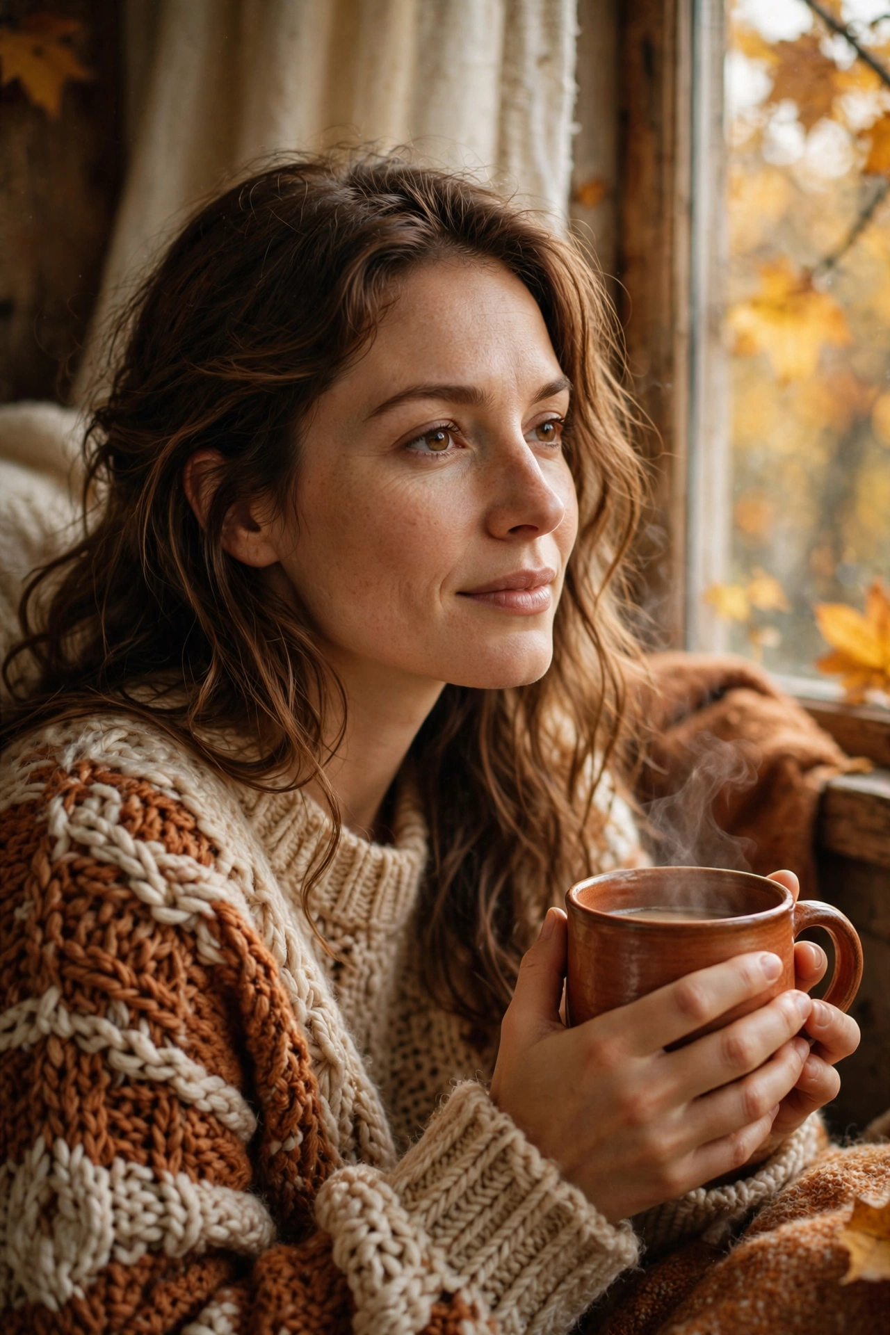 Cozy autumn portrait with knit sweater and warm mug
