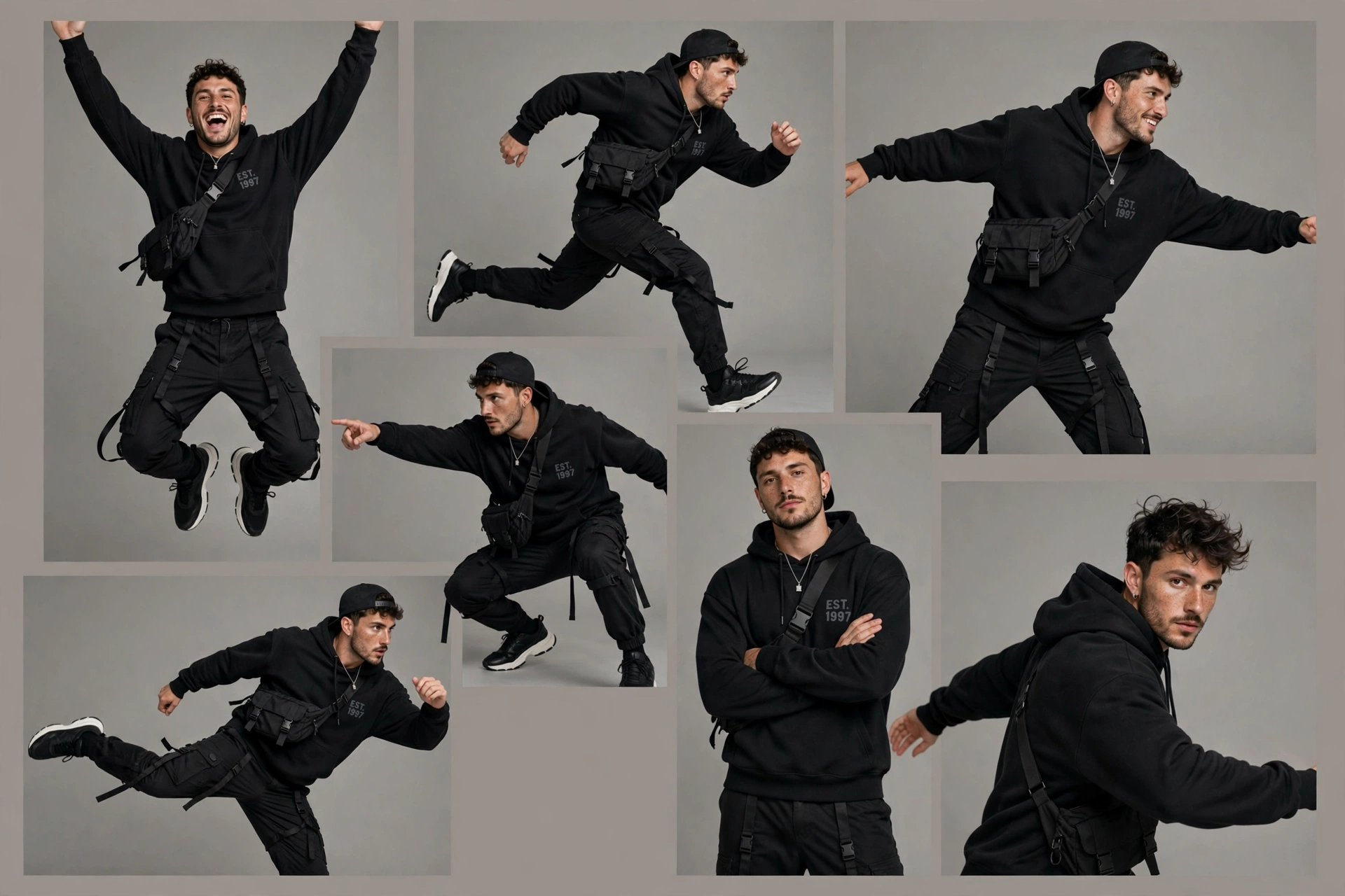 Studio collage of the same man in seven poses