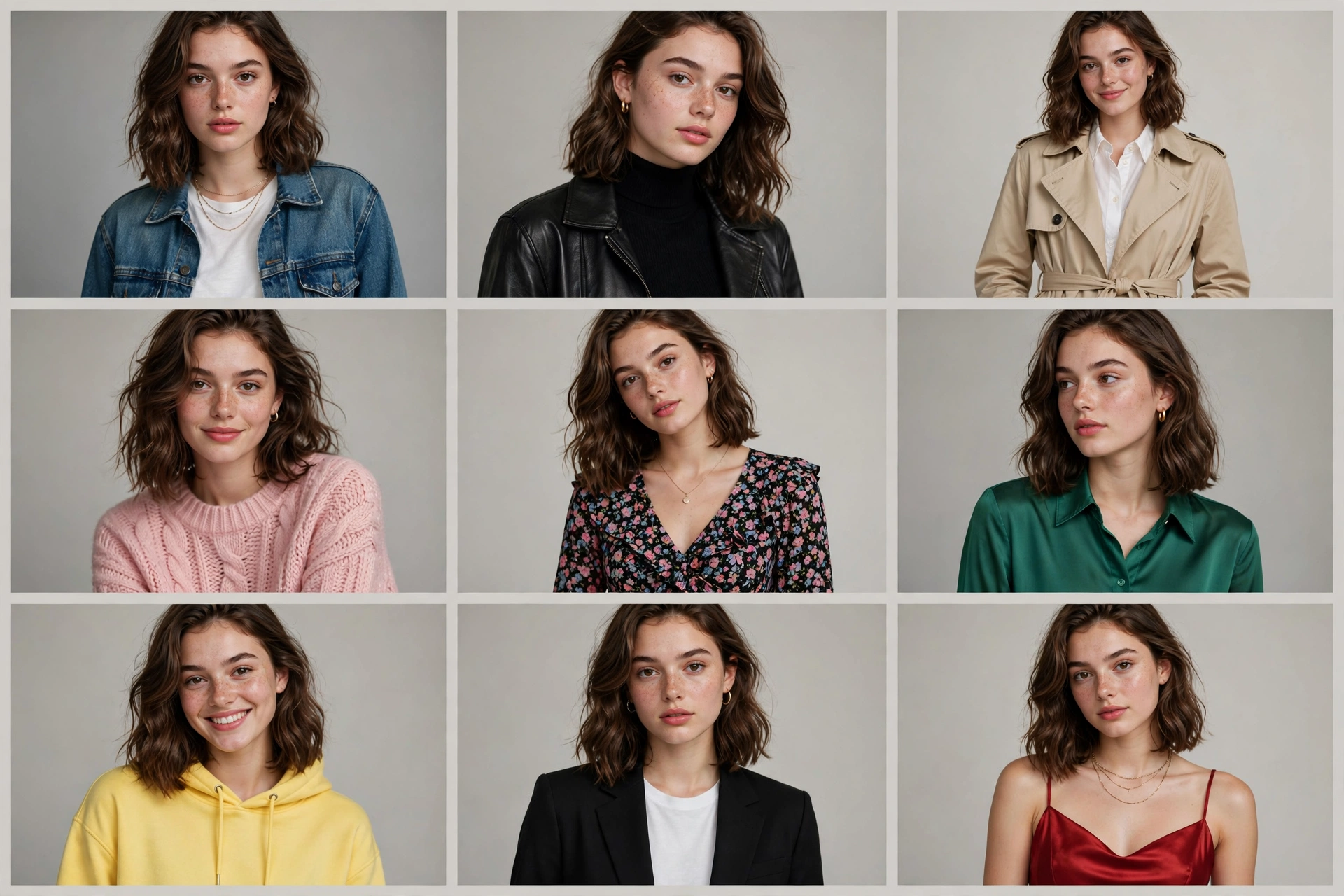 Fashion lookbook grid of the same model in nine outfits