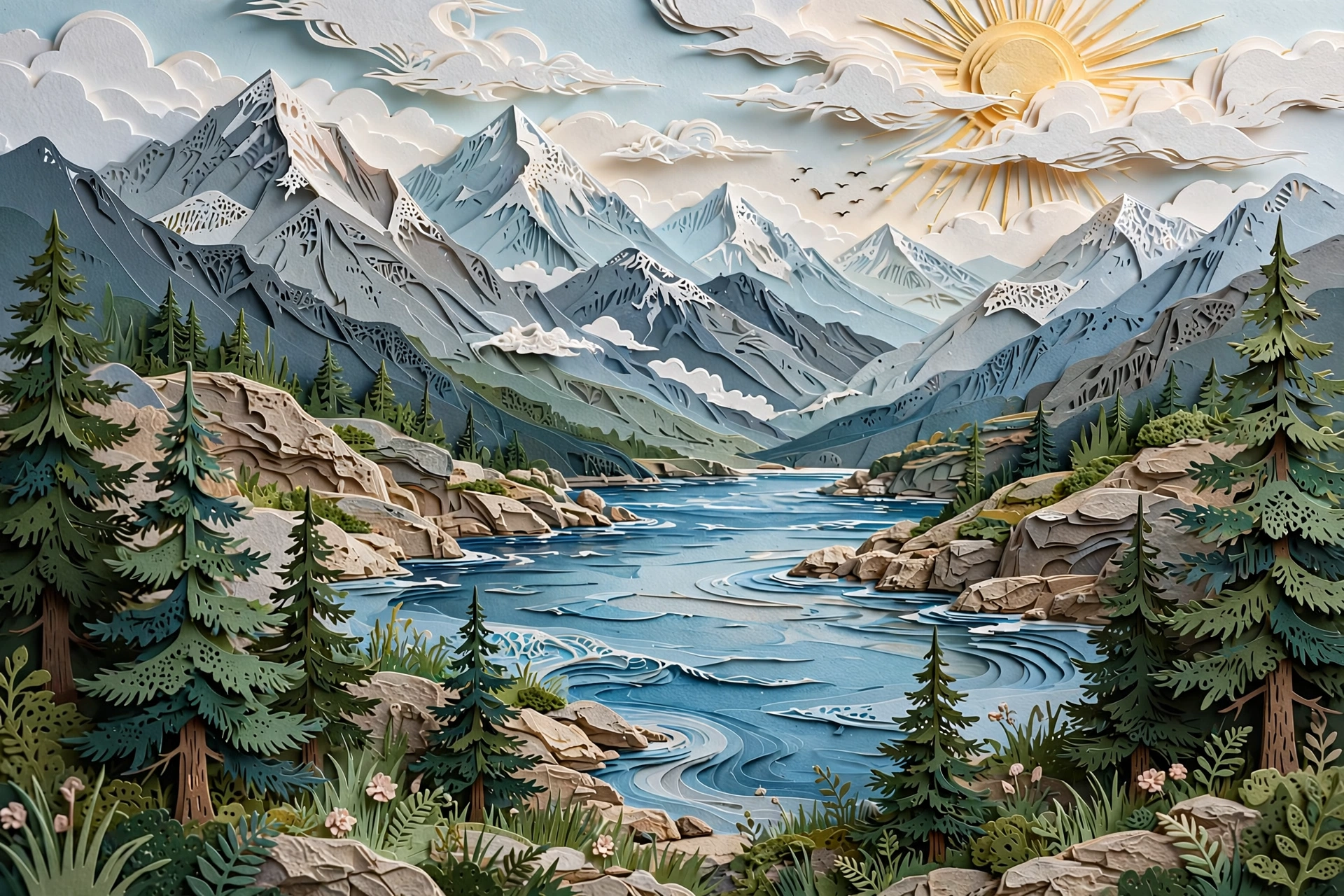 Layered paper cut craft landscape with mountains and a lake