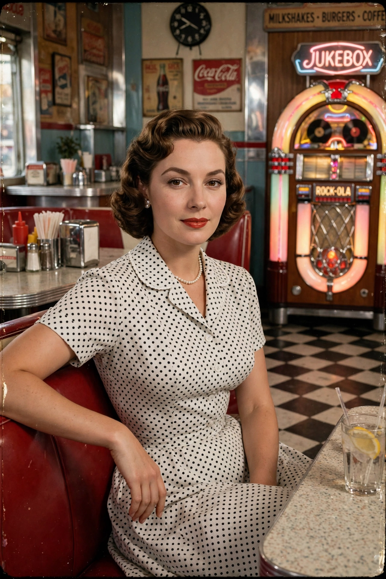 1950s style portrait of a woman in a polka dot dress in a retro diner