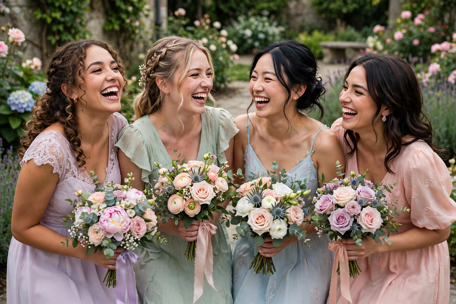 Bridesmaids in Pastel Dresses