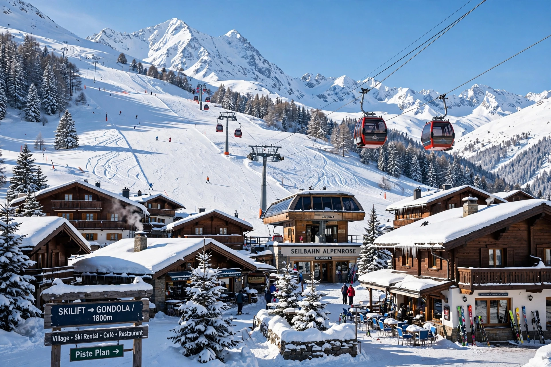 Ski resort village in the Alps with snowy slopes