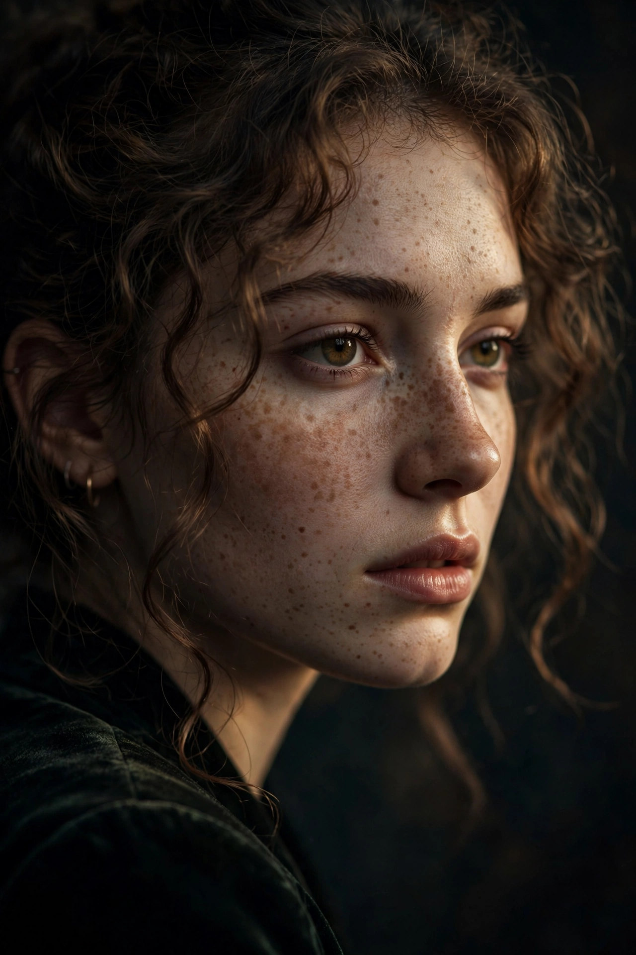 Cinematic close-up studio portrait of a young woman with freckles