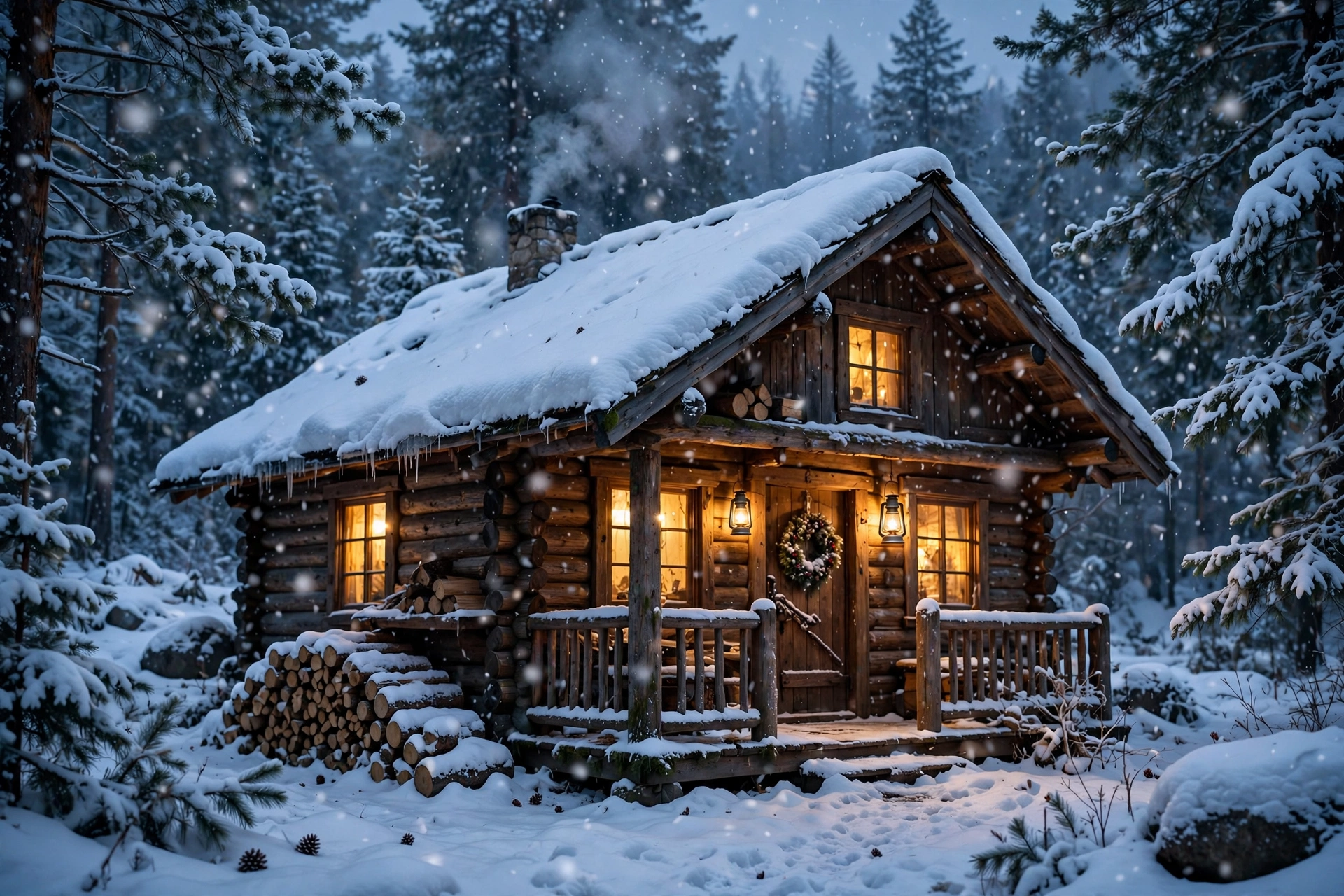 Snowy Cabin at Dusk